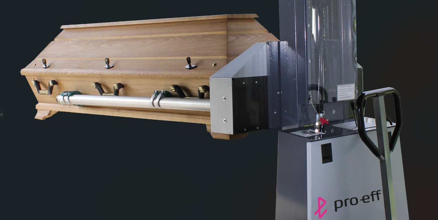 CREMA-Lift 125/400 Sarg-Lifter mit Holzsarg für Krematorien und Bestattungshäuser